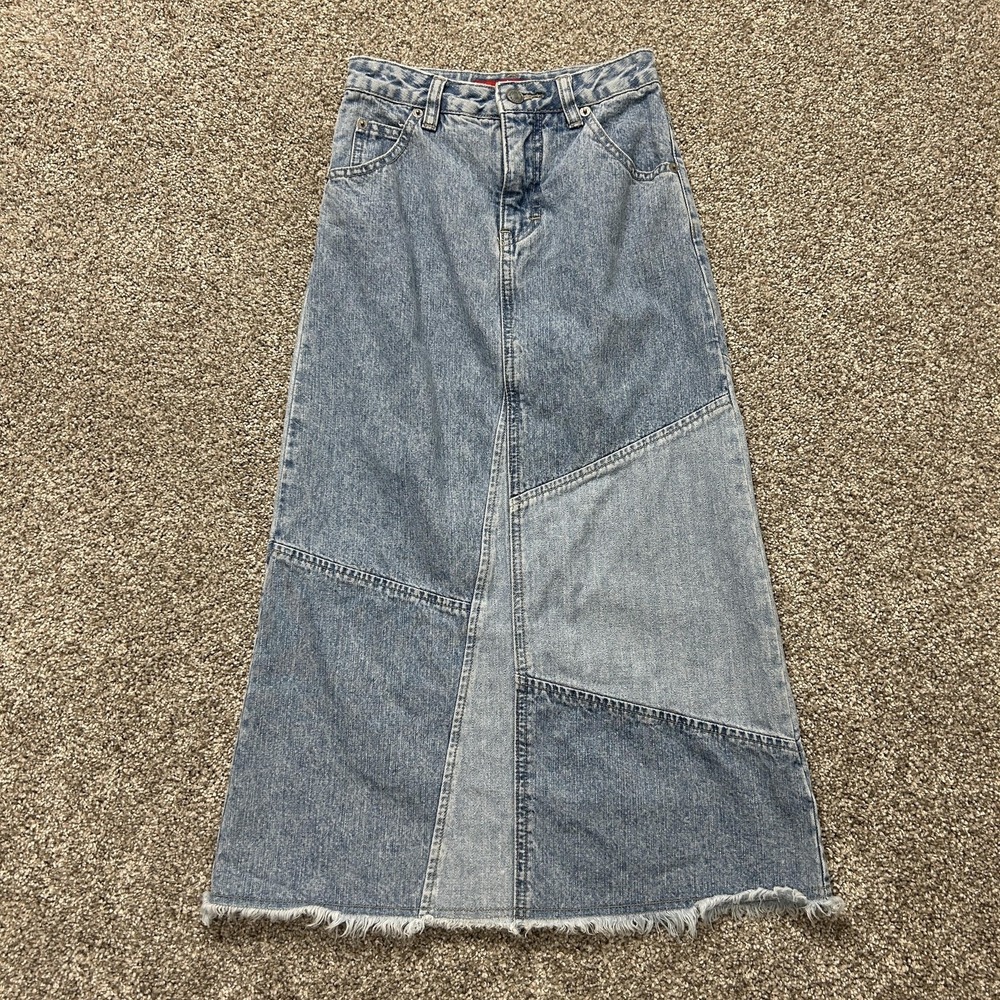 Vintage UNIONBAY Skirt Womens 8 Blue Denim Long A-Line Paneled Frayed Hem